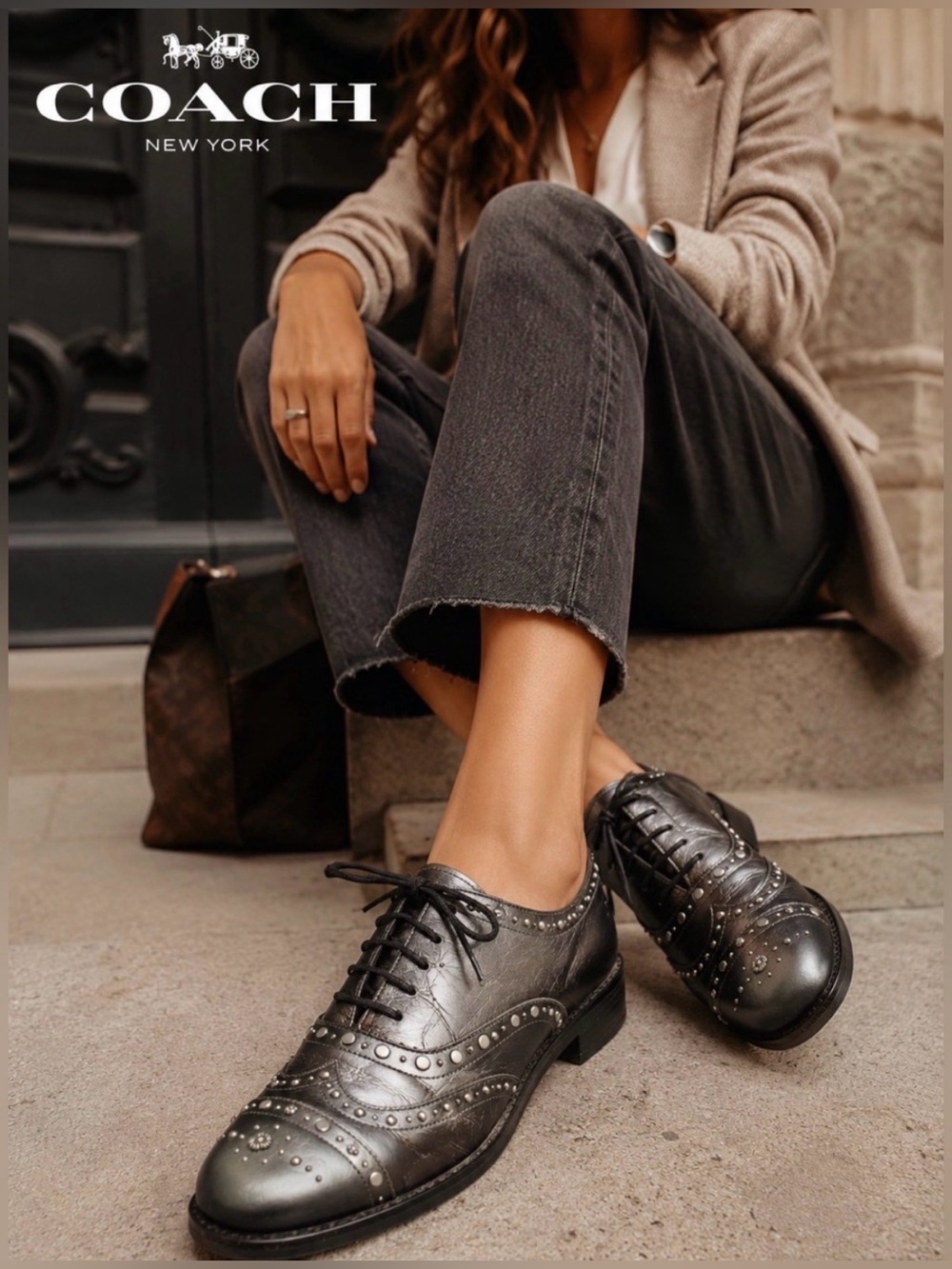 Coach Metallic Pewter Leather Wingtip Oxford Shoes Women’s Brogue Preppy Luxury